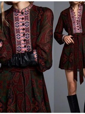 Zara unique Embroidered Paisley Long-Sleeve Mini Dress in Deep Burgundy